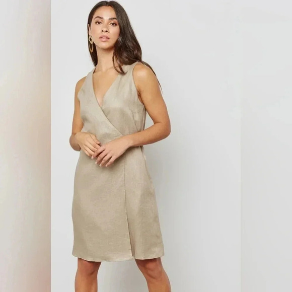 🥭MANGO🥭 MNG Linen Wrap Sleeveless Dress Tan Beige Brown size XL - Picture 2 of 6